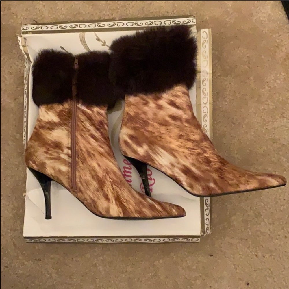 Summer Rio Calf Hair Ankle Boots Size 8.5 Fur Cuff Stiletto Heel Animal Print - Picture 2 of 4